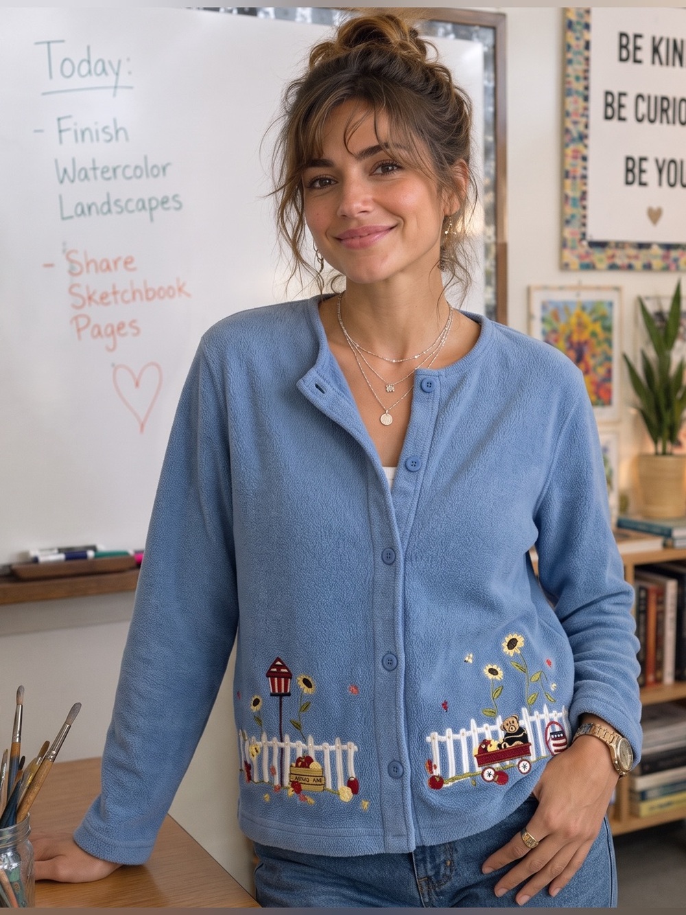 VINTAGE CROFT & BARROW Fleece Embroidered Granny Cardigan